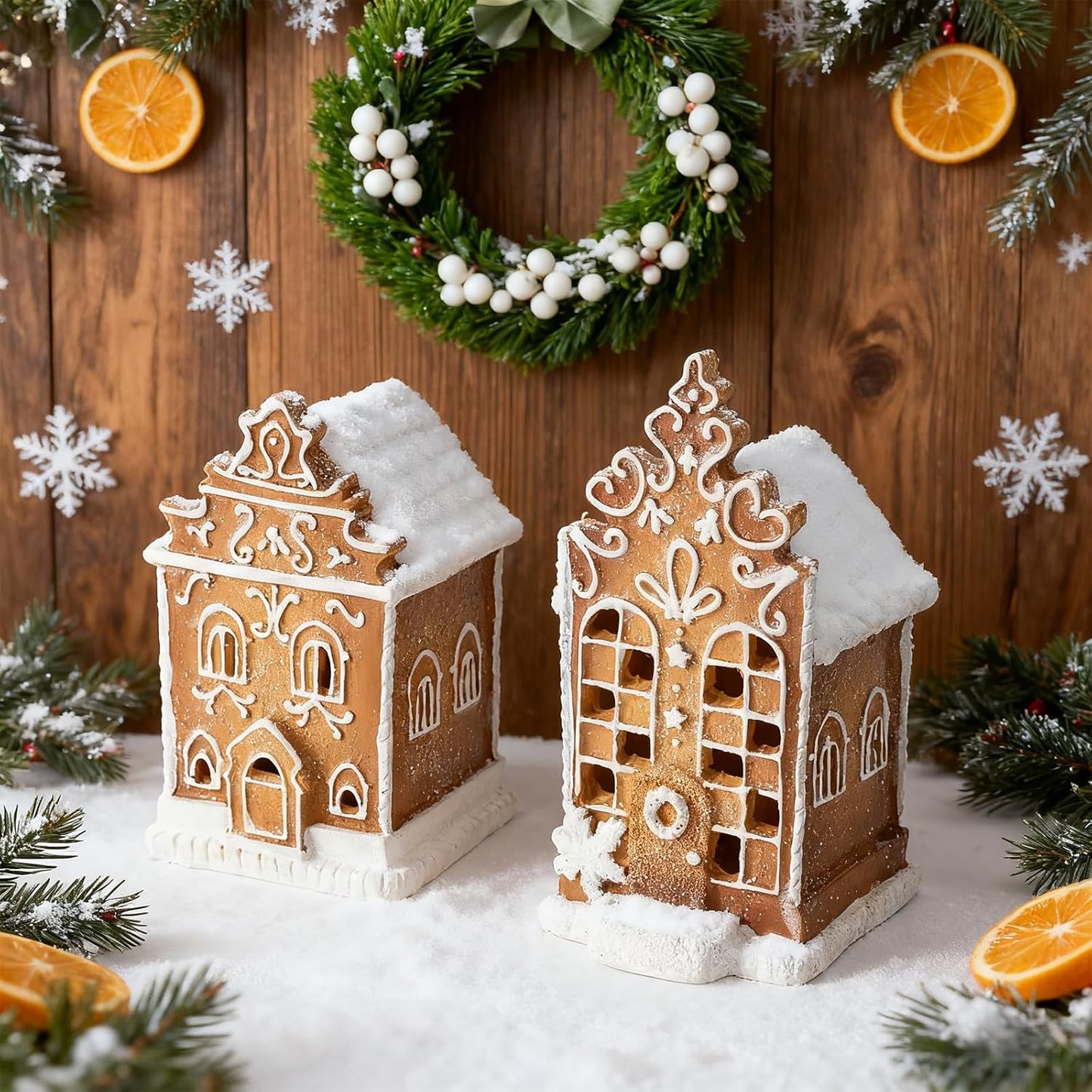 Skiennix Christmas Gingerbread Village House Figurines - Pre-Lit LED Table Decorations | 2-Piece Set