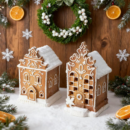 Skiennix Christmas Gingerbread Village House Figurines - Pre-Lit LED Table Decorations | 2-Piece Set
