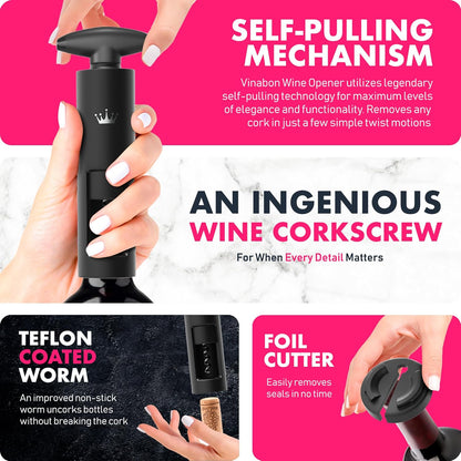 VINABON Self-Pulling Wine Opener - Updated 2026 Professional-Quality Twister Wine Corkscrews with Wine Foil Cutter - Manual Easy-Turn Wine Bottle Opener Corkscrew. Includes WineGuide Ebook