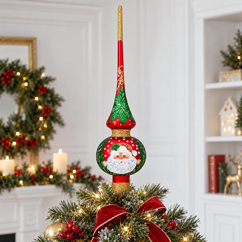 11-Inch Santa and Mistletoe Glass Tree Topper - Mouth-Blown German Glass