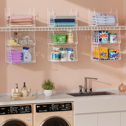 Skiennix 3-Tier Hanging Laundry Basket Organizer - Foldable Wire Shelf with 360° Rotating Hooks, White