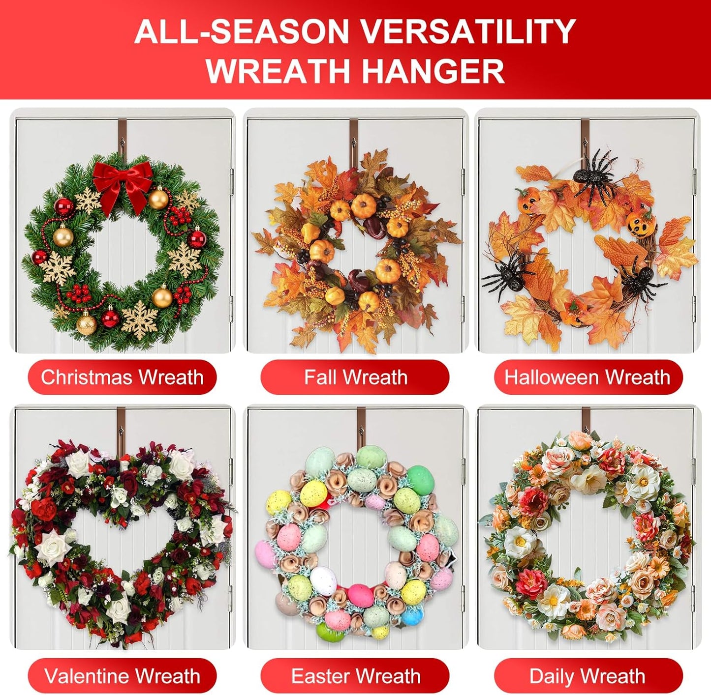 Skiennix 2-Pack Adjustable Wreath Hangers - Heavy Duty Metal Over The Door Hooks (12.5-20") for Easter & Welcome Signs