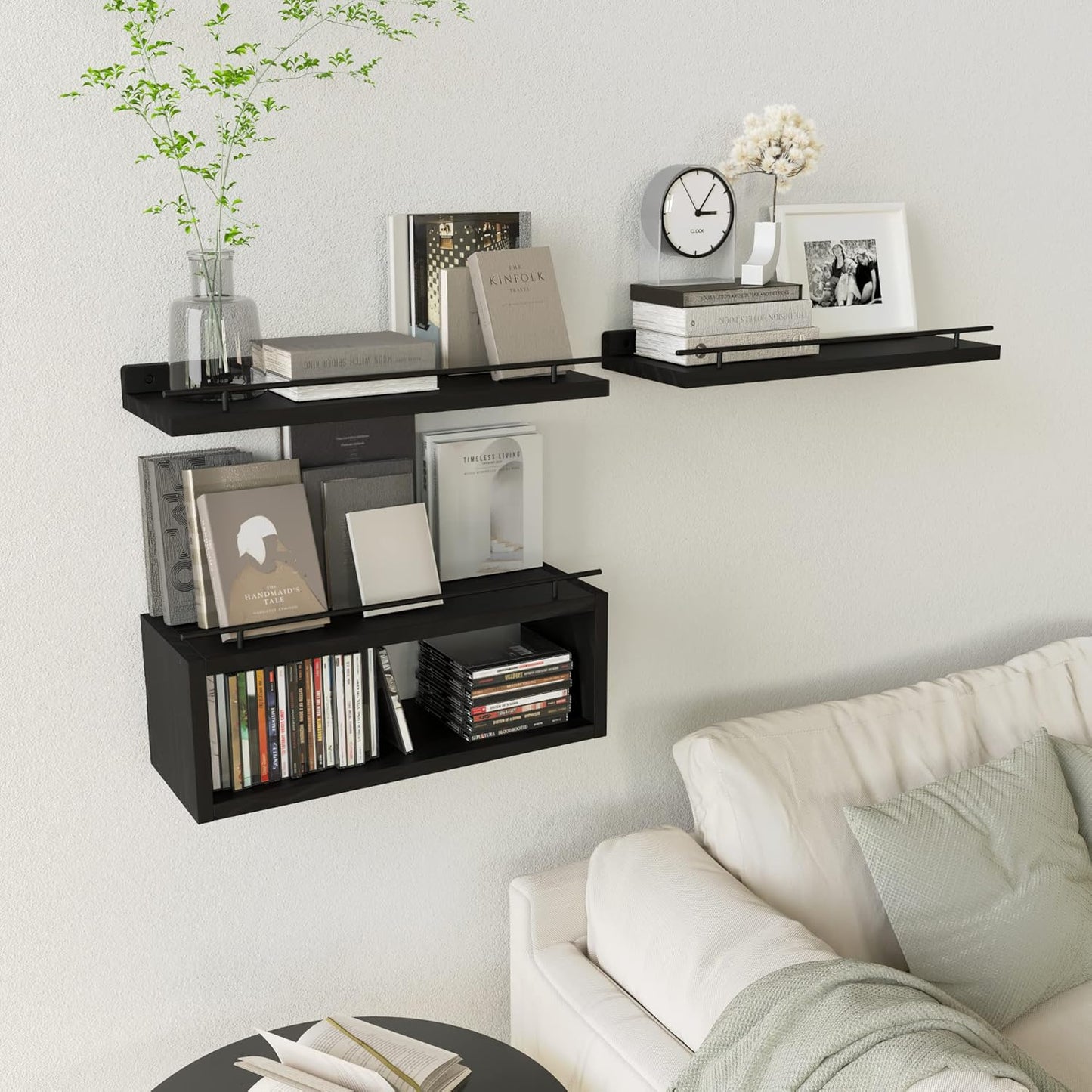 WOPITUES Floating Wall Shelves - Stylish Cube Shelf with Metal Rail for Bathroom Storage | Black