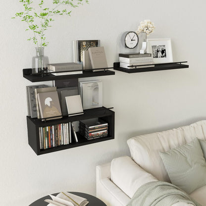 WOPITUES Floating Wall Shelves - Stylish Cube Shelf with Metal Rail for Bathroom Storage | Black