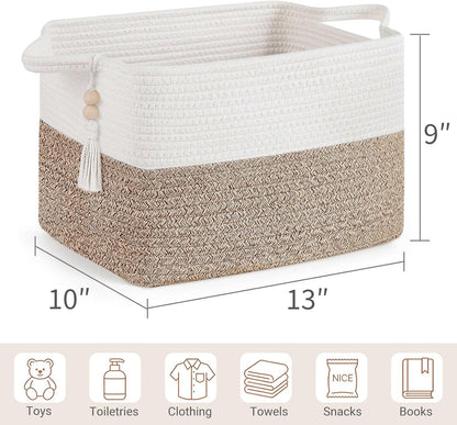 Mkono Woven Storage Basket - Cube Cotton Rope Organizer for Toys, Clothes & Towels | 13" x 10" x 9", Brown & White