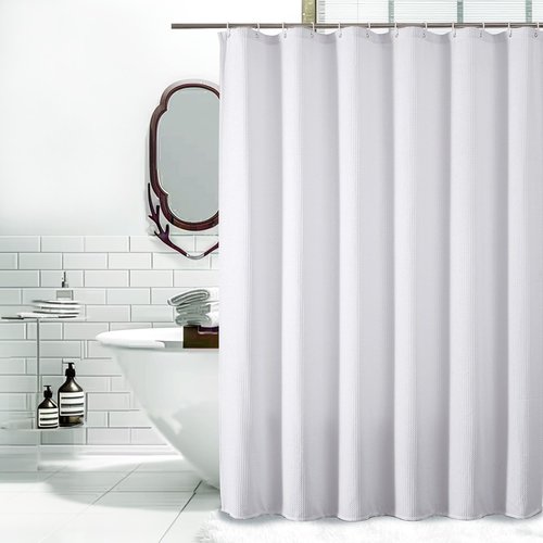 OVZME White Shower Curtain Set, Waffle Textured Heavy Duty Fabric Thick Shower Curtain for Bathroom, 230GSM Luxury Weighted Bath Curtain with 12 Plastic Hooks, 72x72, White