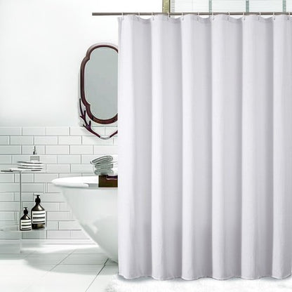 OVZME White Shower Curtain Set, Waffle Textured Heavy Duty Fabric Thick Shower Curtain for Bathroom, 230GSM Luxury Weighted Bath Curtain with 12 Plastic Hooks, 72x72, White