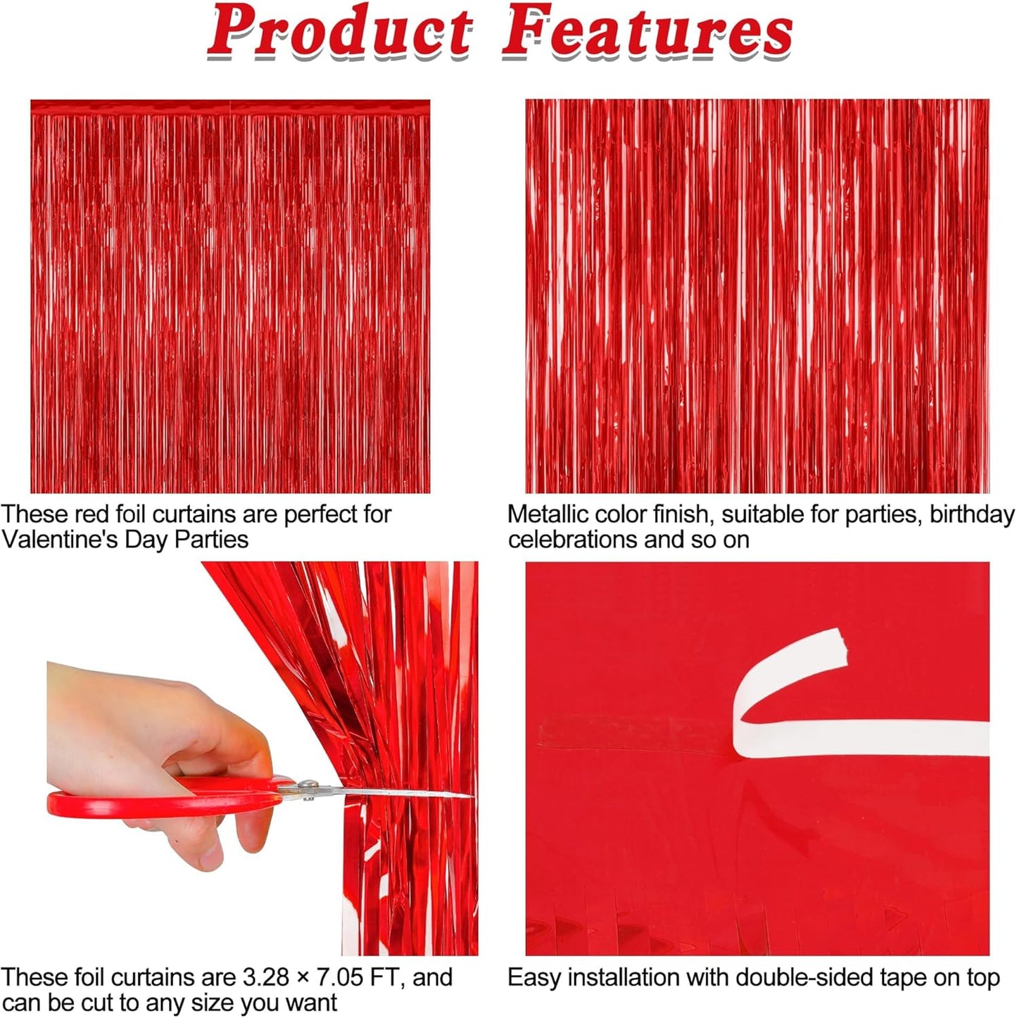 Regine Switzerland Red Backdrop - 4 Pack Metallic Foil Fringe Curtains | 3.28 FT x 7.05 FT Party Decor