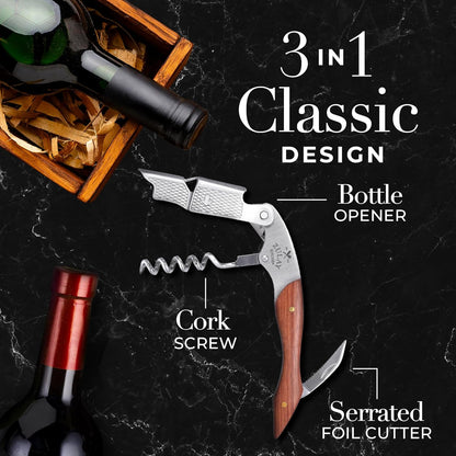 Zulay Kitchen Corkscrew Wine Opener - Premium 420 Stainless Steel & Rosewood Wine Bottle Opener - Double Hinged Opener with Foil Cutter & Cap Remover - Rosewood
