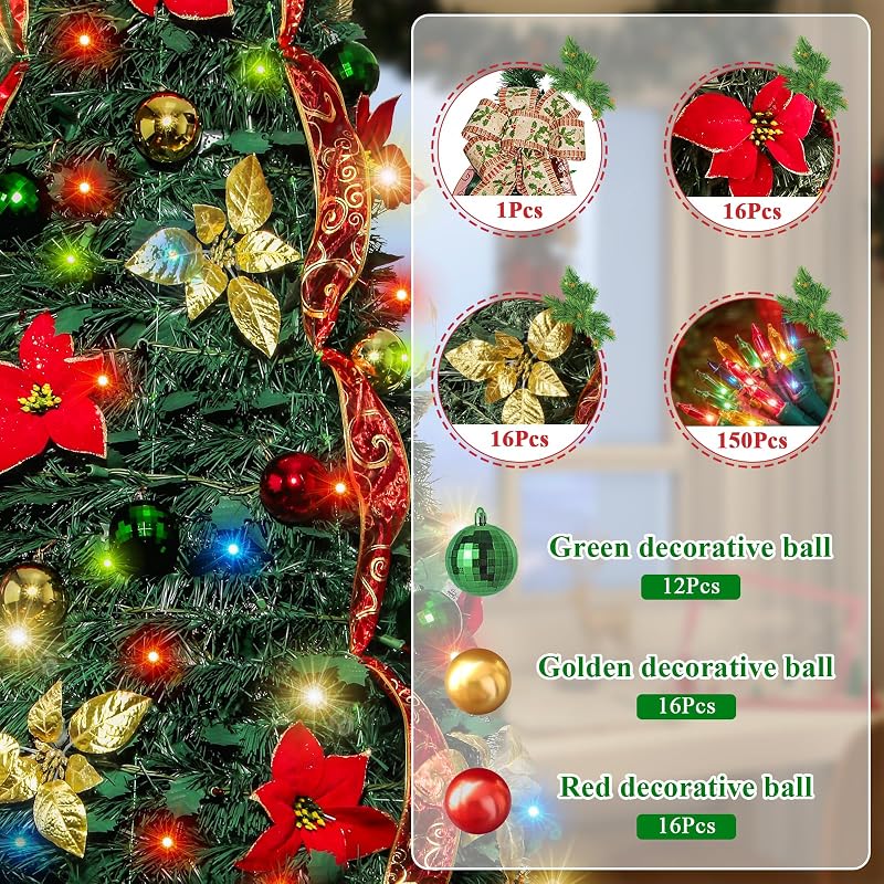 6ft Pop Up Christmas Tree with Lights - Pre-Lit, Collapsible, Decorated (Red & Green)