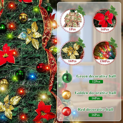 6ft Pop Up Christmas Tree with Lights - Pre-Lit, Collapsible, Decorated (Red & Green)