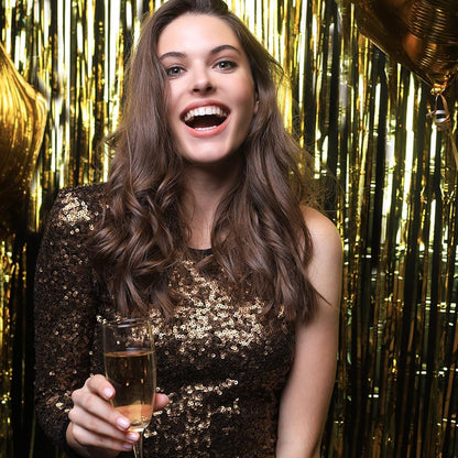 Skiennix Gold Backdrop Foil Curtain - 2 Pack Streamers for Birthday & Party Decorations | Photo Booth Props