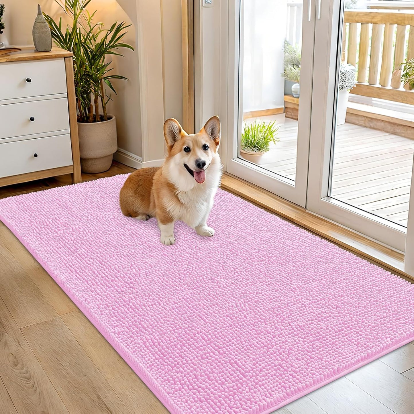 OLANLY Dog Door Mat - Absorbent Non-Slip Washable Doormat for Muddy Paws | 54x32 Pink Chenille Carpet