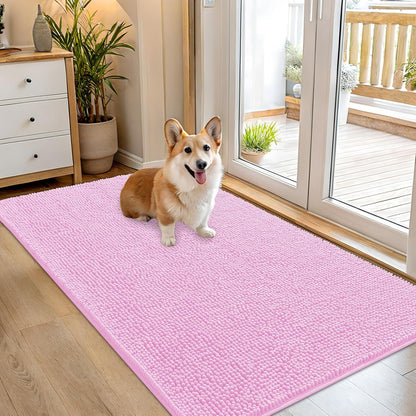 OLANLY Dog Door Mat - Absorbent Non-Slip Washable Doormat for Muddy Paws | 54x32 Pink Chenille Carpet