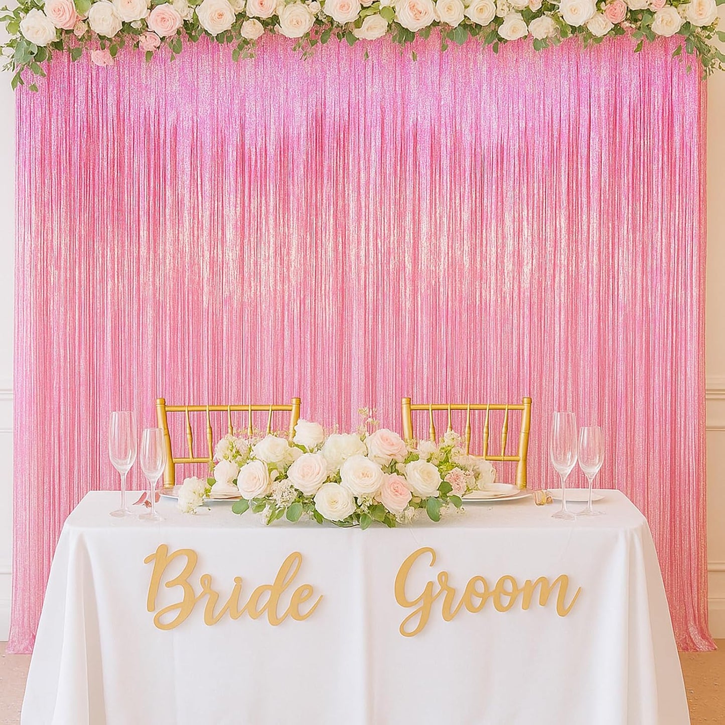 Voircoloria Laser Pink Tinsel Foil Fringe Curtains - 2 Pack Metallic Backdrop for Parties & Celebrations
