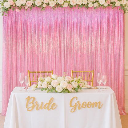 Voircoloria Laser Pink Tinsel Foil Fringe Curtains - 2 Pack Metallic Backdrop for Parties & Celebrations