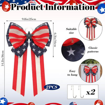 Knitgrip Patriotic Bows - 2 Pack Red, White & Blue Decorative Bows for 4th of July Wreaths & Planters