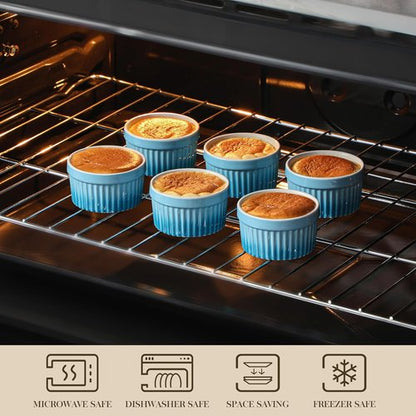 MALACASA Ramekins - 4 Oz Oven Safe Ceramic Souffle Dishes for Baking | Set of 6 Blue Custard Cups