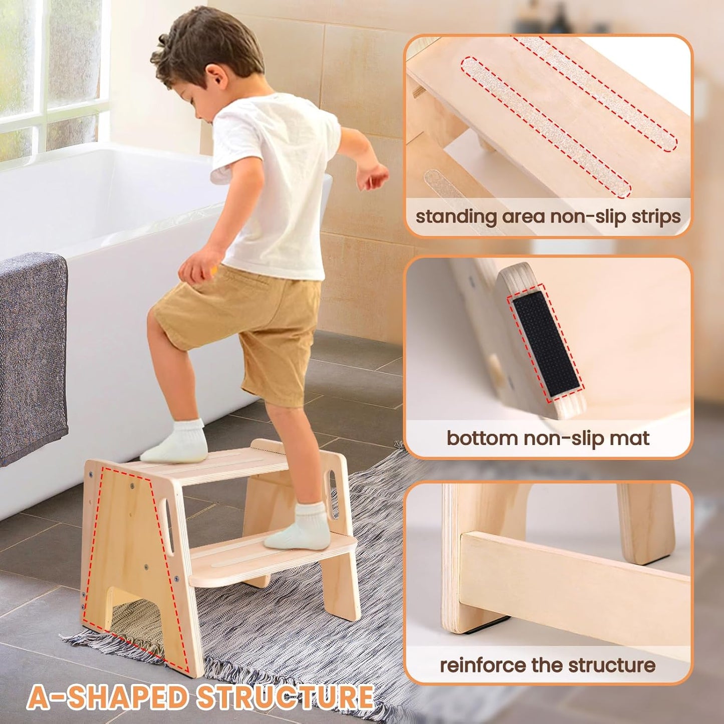 Regine Switzerland Wooden Toddler Step Stool - Height-Adjustable 2-Step Design with Handles for Potty Training