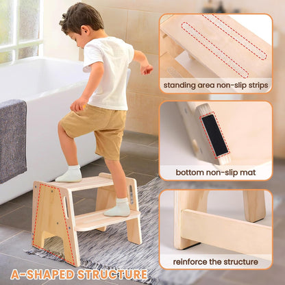Regine Switzerland Wooden Toddler Step Stool - Height-Adjustable 2-Step Design with Handles for Potty Training