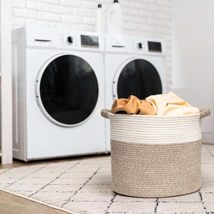 Skiennix Woven Round Rope Storage Basket - Stylish Blanket & Toy Organizer (16"Wx14"H) - White & Brown