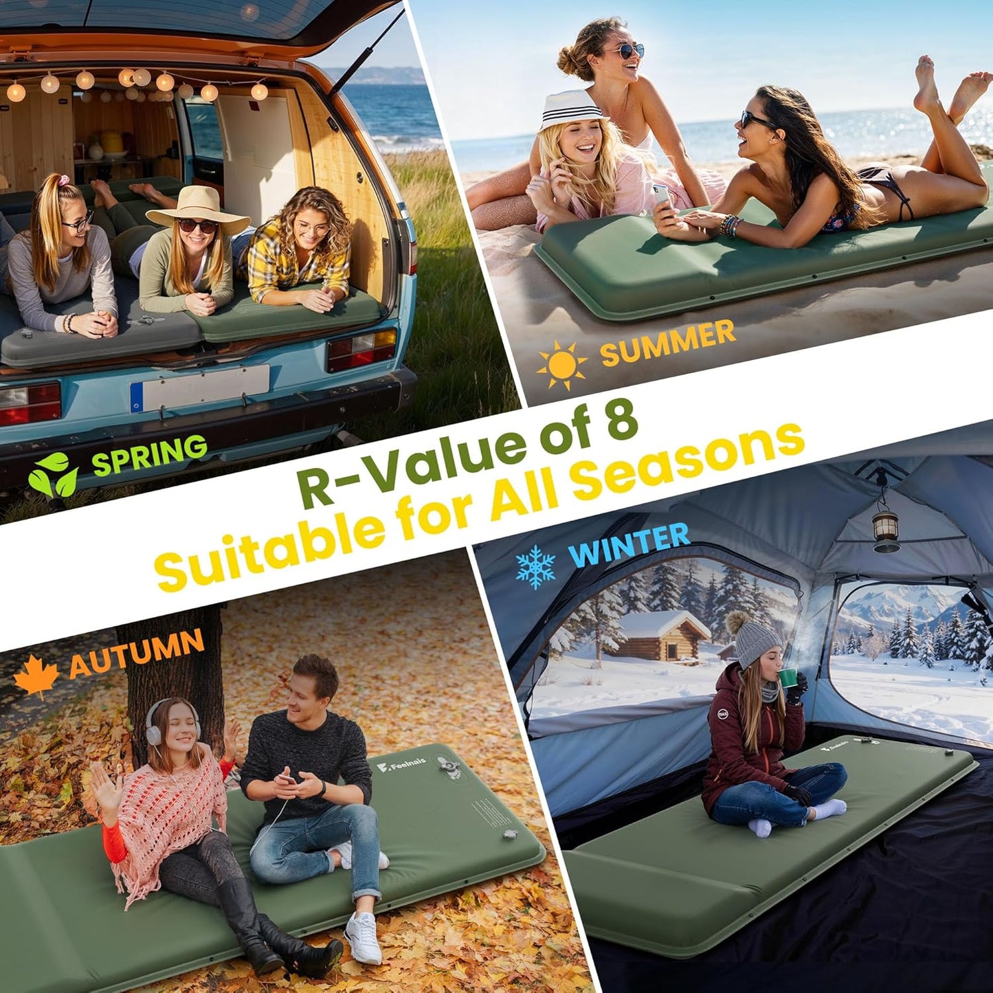 Skiennix Camping Sleeping Pad - Inflatable Memory Foam Mattress with Built-In Foot Pump | Green, 4 Season