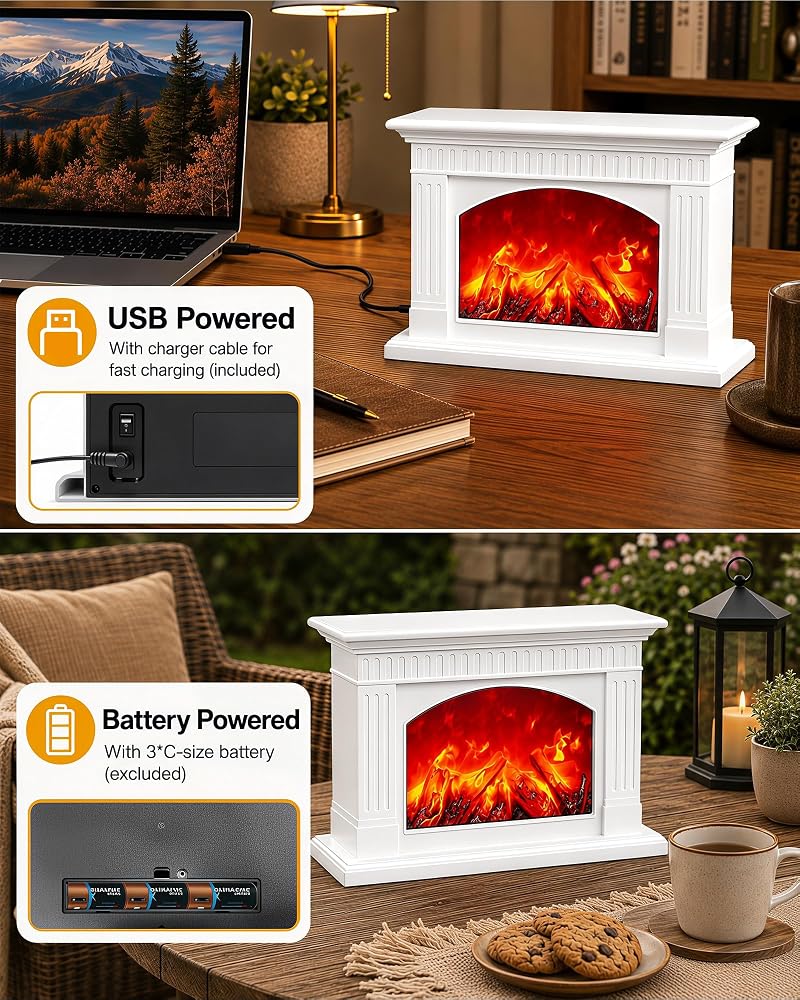 White Electric Fireplace Lantern with Realistic Flame Effect - Portable USB/Battery Powered