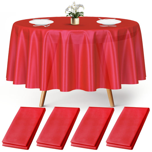 Prestee 4 Red Round Plastic Tablecloth 84" - Disposable Red Tablecloths - Plastic Table Cover - Round Dining Table Tablecloth - Paper Tablecloths for Christmas Party, Fine Dining, Holiday, Birthday