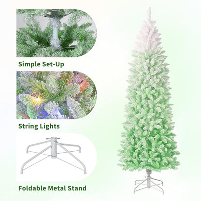 6ft Green Gradient Snow Flocked Prelit Pencil Christmas Tree - 100 Dual Color LED Lights, 320 Tips, Metal Stand (Variation: White & Green Gradient+6ft)