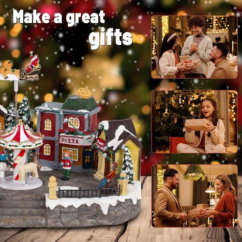 Animated Christmas Village Scene - Santa Sleigh, LED Lights & Rotating Carousel | Musical Holiday Display