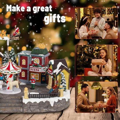 Animated Christmas Village Scene - Santa Sleigh, LED Lights & Rotating Carousel | Musical Holiday Display