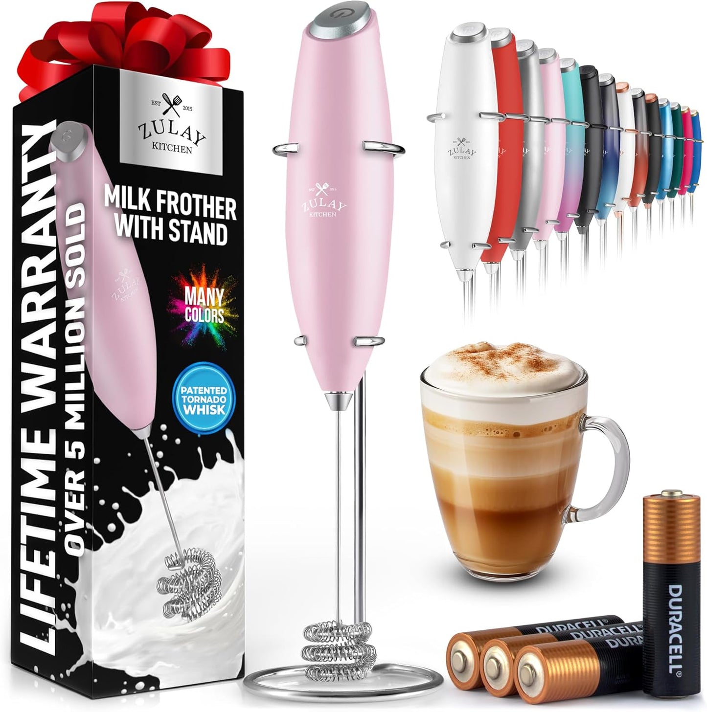 Zulay Kitchen Tornado Triple Whisk Milk Frother - Handheld Foam Maker for Coffee & Lattes | Includes 4 Duracell Batteries