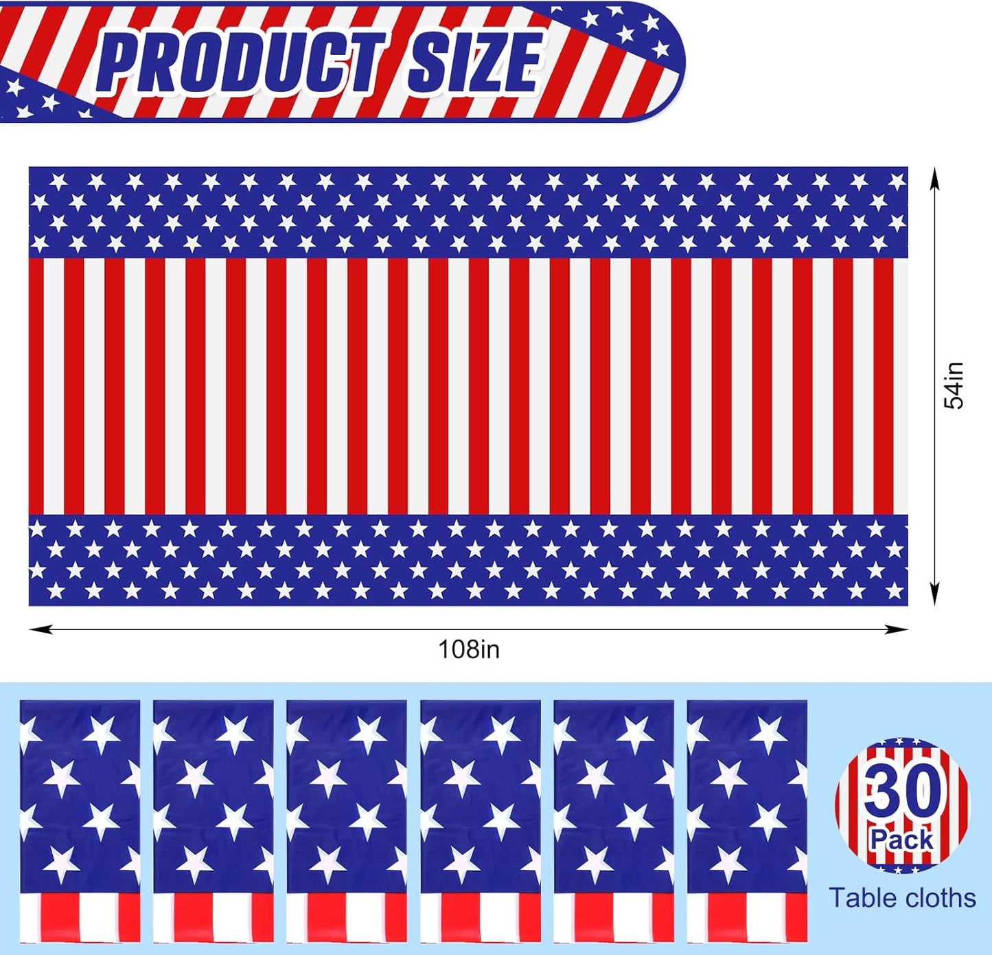 Regine Switzerland 30-Pack 4th of July Tablecloths - 54 x 108 Inch Red, White & Blue Disposable Covers for Patriotic Celebrations