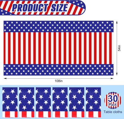 Regine Switzerland 30-Pack 4th of July Tablecloths - 54 x 108 Inch Red, White & Blue Disposable Covers for Patriotic Celebrations