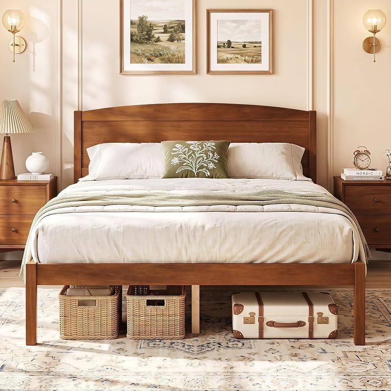 Giantex Full Size Walnut Curved Headboard Bed Frame with Slat Support - 300 lb Capacity