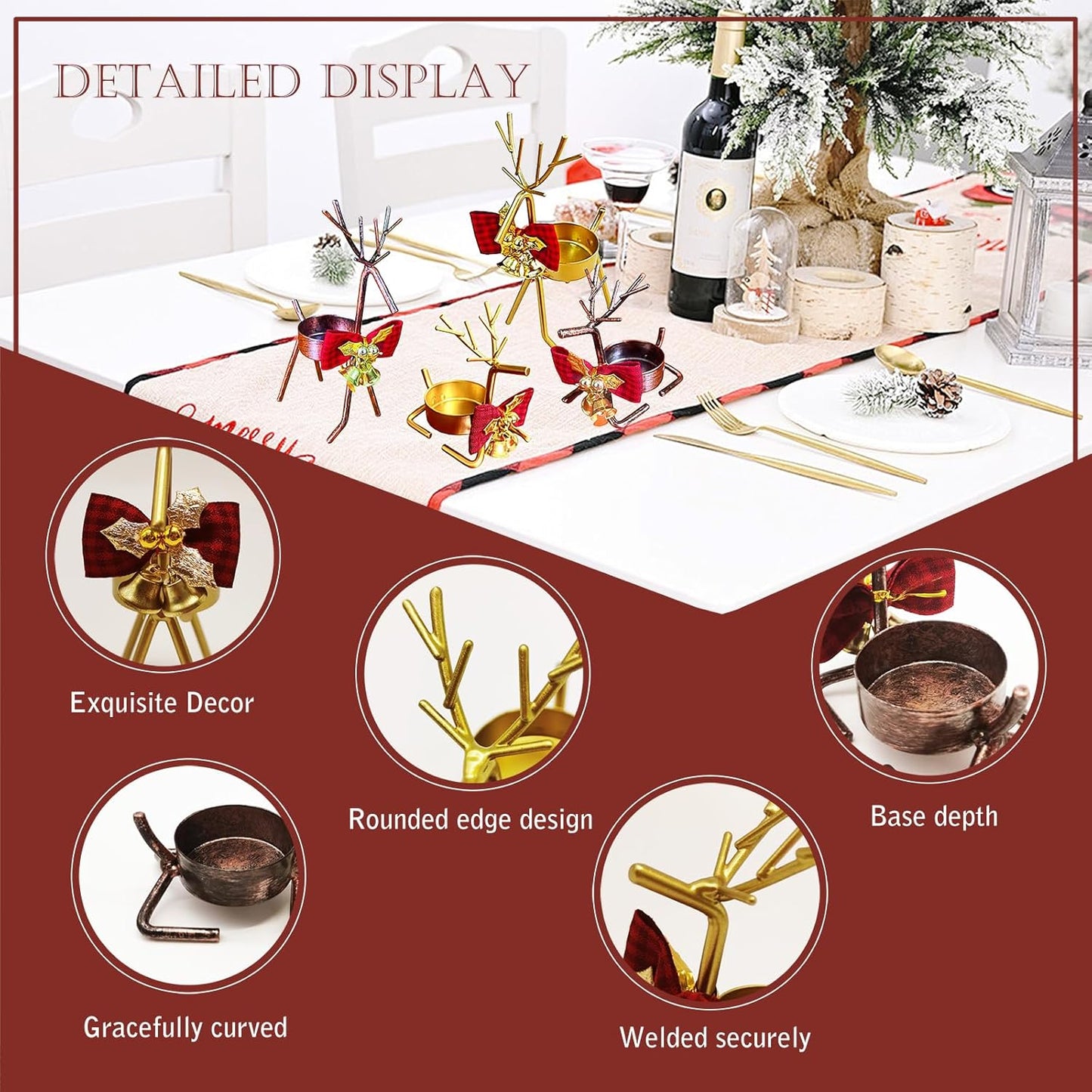 Skiennix Christmas Candle Holders - 4pcs Reindeer Tealight Centerpieces | Metal Holiday Decor