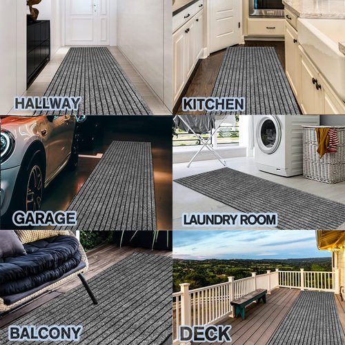 Custom Size Backed Non-Slip Area Rugs Runner, Easy Clean, Waterproof Runner Rugs for Hallway Entryway, Kitchen, Laundry, 2FT x 6FT, Gray Stripe