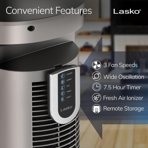 Lasko Oscillating Tower Fan - Quiet Remote-Controlled Floor Fan for Bedroom | 42" Woodgrain & Grey