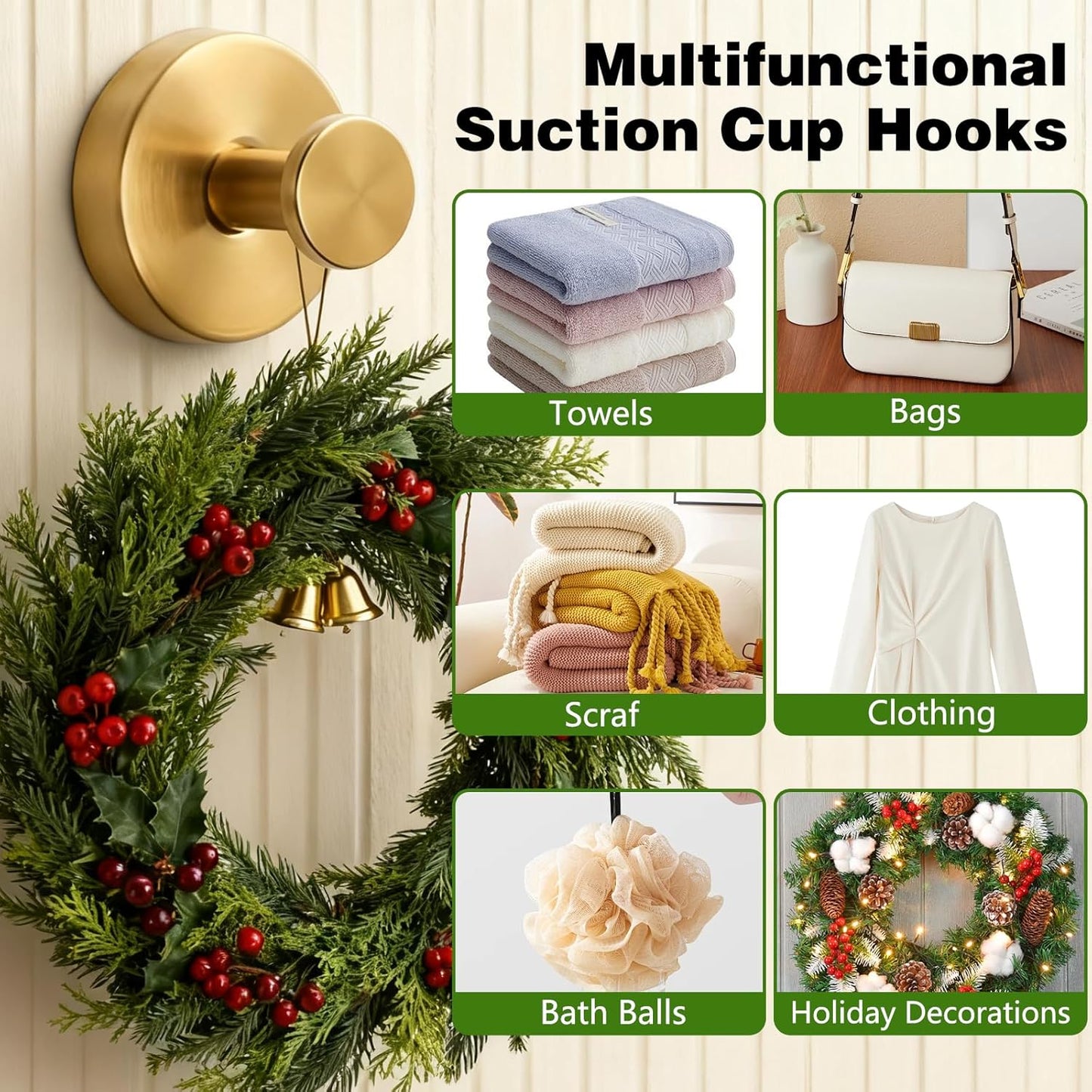 Skiennix Suction Cup Hooks - No-Drill Bathroom Towel Holders | 2Pcs Gold for Showers & Mirrors