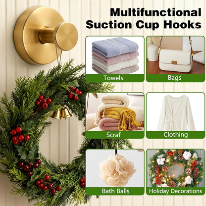 Skiennix Suction Cup Hooks - No-Drill Bathroom Towel Holders | 2Pcs Gold for Showers & Mirrors
