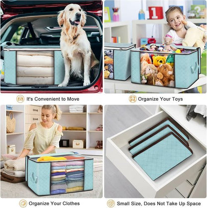 Budding Joy 90L Large Storage Bags - 6 Pack Foldable Closet Organizers for Clothes & Blankets | Blue