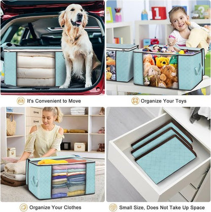 Budding Joy 90L Large Storage Bags - 4 Pack Foldable Closet Organizers for Clothes & Blankets (Blue)