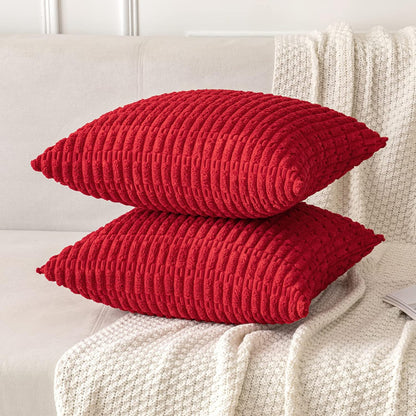 MIULEE Euro Sham Pillow Covers - Pack of 2 Red Corduroy, 24x24 Inch Soft Boho Striped Decor for Sofa & Bed