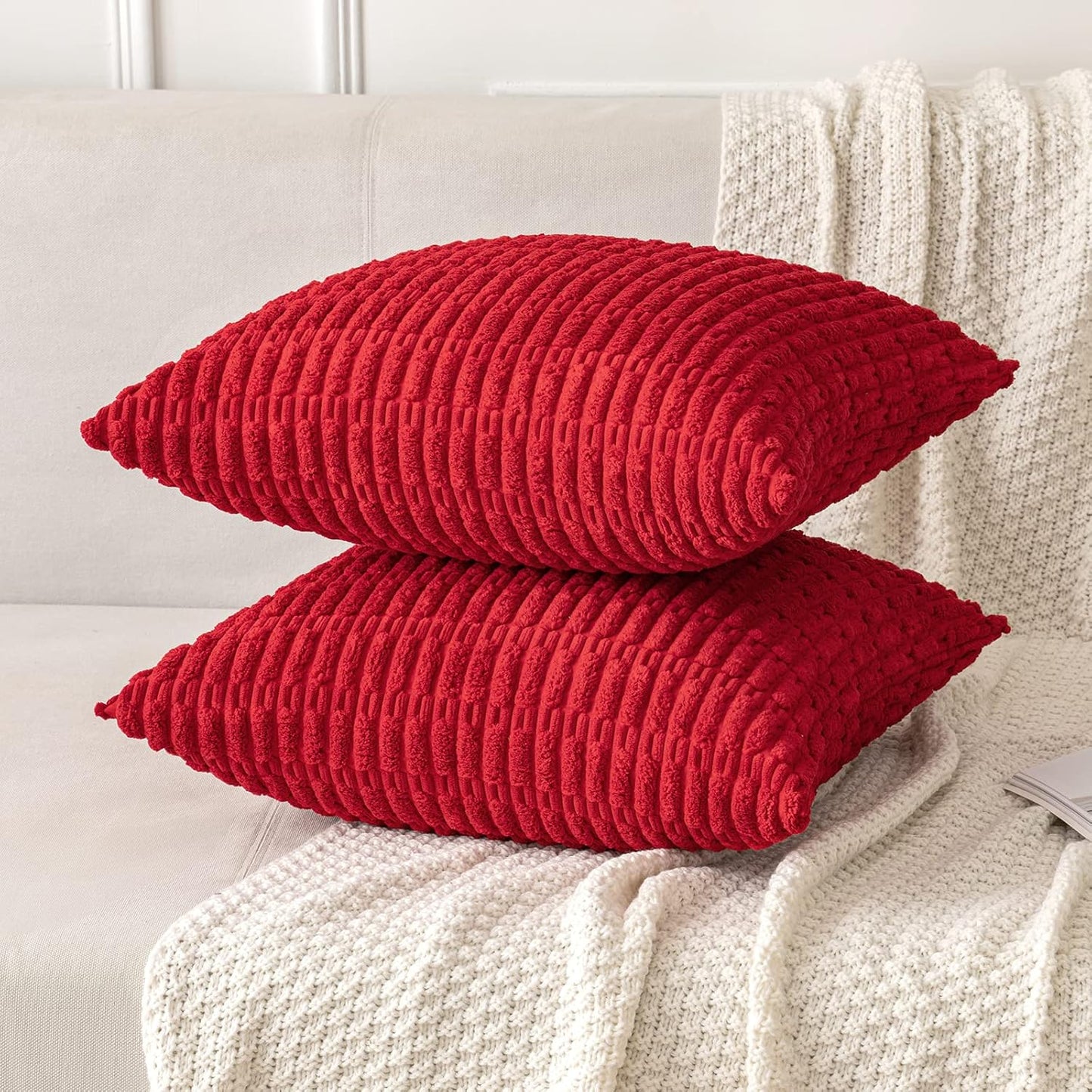 MIULEE Decorative Pillow Covers - Pack of 2 Red Corduroy 16x16 Inch Soft Boho Striped Design for Modern Farmhouse Decor