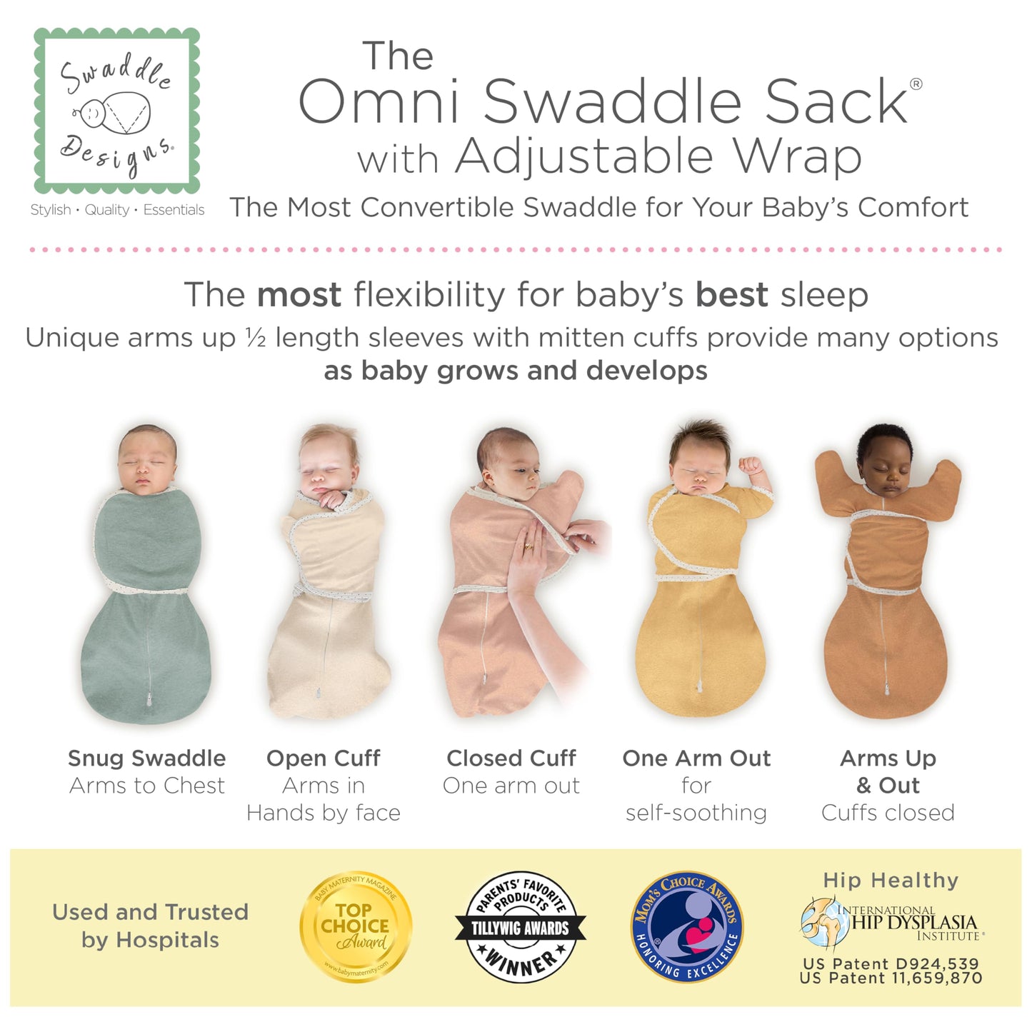 SwaddleDesigns 6-Way Omni Swaddle Sack, Arms Up Swaddle for Newborn, More Options to Calm Startle Reflex, Improves Sleep, Easy Transition Baby Sleep Sack, Small, 0-3 Mo, 6-14 lbs, Gold, Swaddle Love