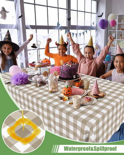 Smiry Gingham Disposable Tablecloths - 8 Packs of Waterproof 54 x 108 Inch Khaki & White Covers for Parties