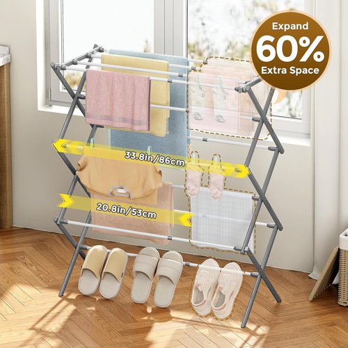 KINGBOARD Collapsible Clothes Drying Rack - 3-Tier Design with 11 Poles | Foldable & Lightweight, 25lb Capacity, White & Grey