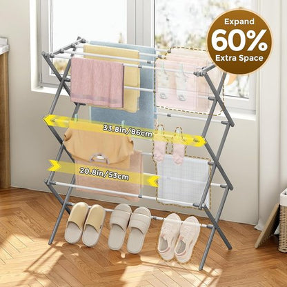 KINGBOARD Collapsible Clothes Drying Rack - 3-Tier Design with 11 Poles | Foldable & Lightweight, 25lb Capacity, White & Grey
