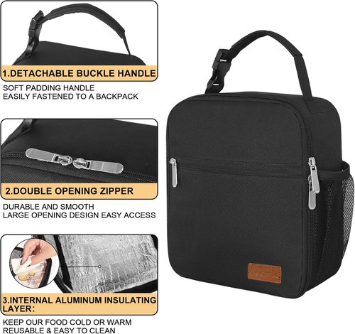 Deosk Insulated Lunch Bag - Reusable Portable Lunchbox for Men & Women | Black, Ideal for School & Work
