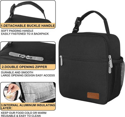 Deosk Insulated Lunch Bag - Reusable Portable Lunchbox for Men & Women | Black, Ideal for School & Work